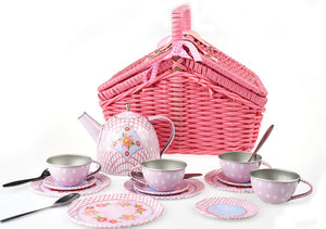 Floral Tin Tea Set in Basket