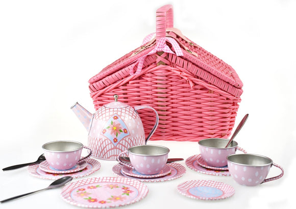 Floral Tin Tea Set in Basket