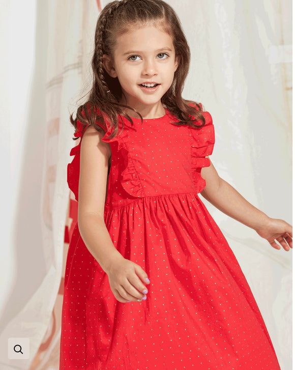 Girls Dress.  Red with Gold Dots