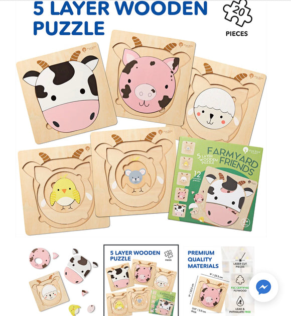 Wooden Puzzle.  Pint Size Planet- 5 Layered Farmyard Friends